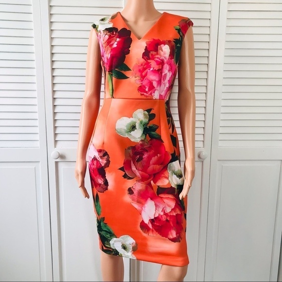 Calvin Klein Dresses & Skirts - CALVIN KLEIN Orange Floral Sheath Sleeveless Dress Size Petite